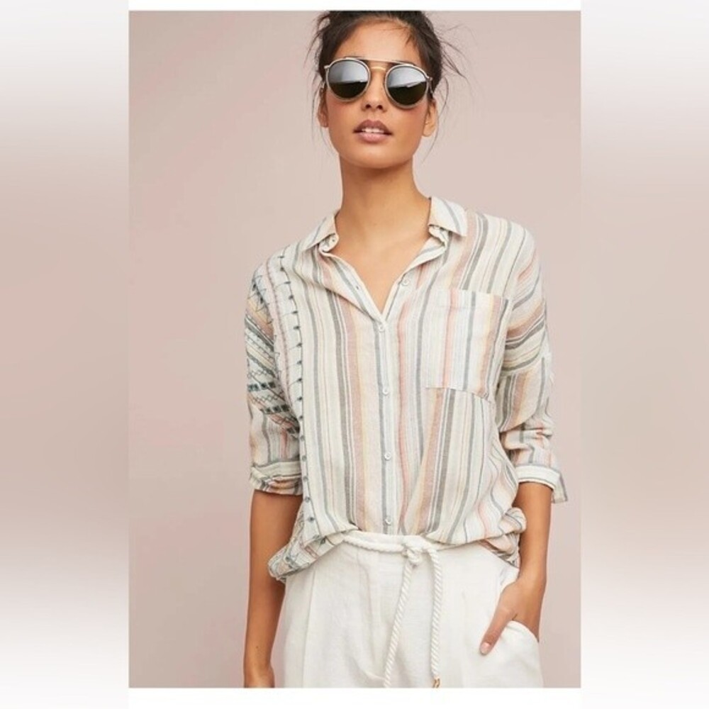 Anthropologie Akemi + Kin Yarn-Dyed Shirt Button Down Embroidered Size XS/S